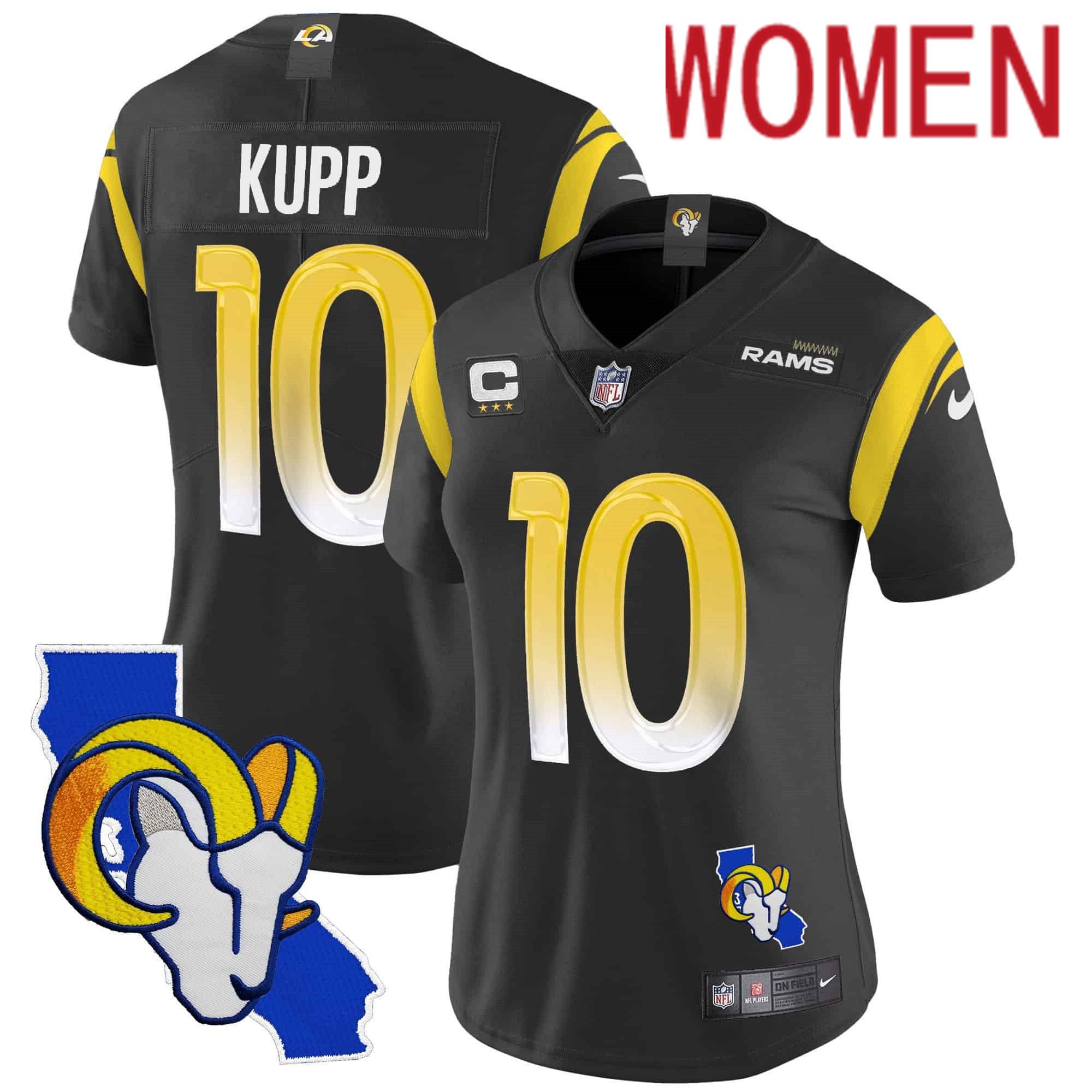 Women Los Angeles Rams #10 Kupp Black 2024 Nike California Patch Vapor Limited NFL Jersey style 1->women nfl jersey->Women Jersey